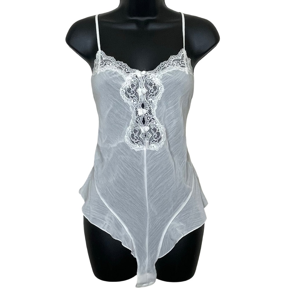 Vintage‎ Delicates White Lace Trim Sheer Teddy Bodysuit L Babydoll 80s Bridal